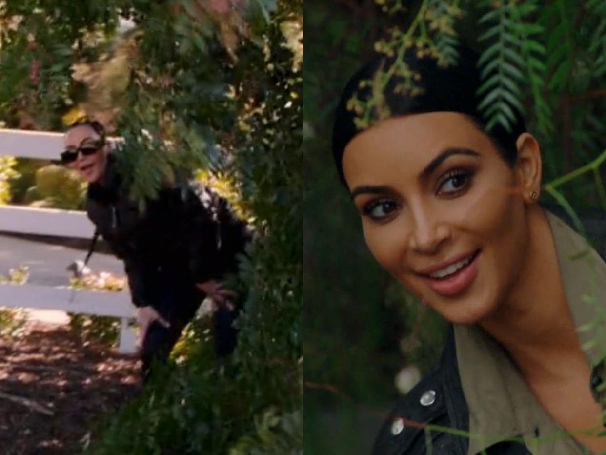 left; kim kardashian peeking out from behind a bush wearing sunglasse on the kardashians recreating the pose on the right, which shoes her peeking out from behind the bush and smiling on keeping up with the kardashians