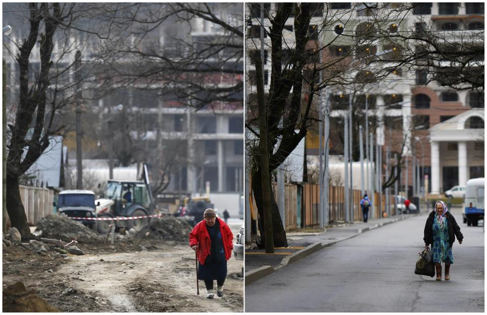 A combination of two pictures shows the development of construction within the last eleven months in the village of Krasnaya Polyana near Sochi