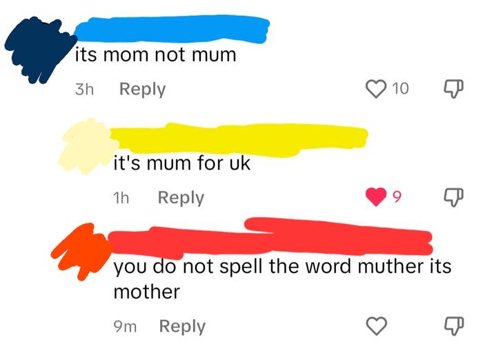 Screenshot of social media comments discussing the correct spelling of 'mother'