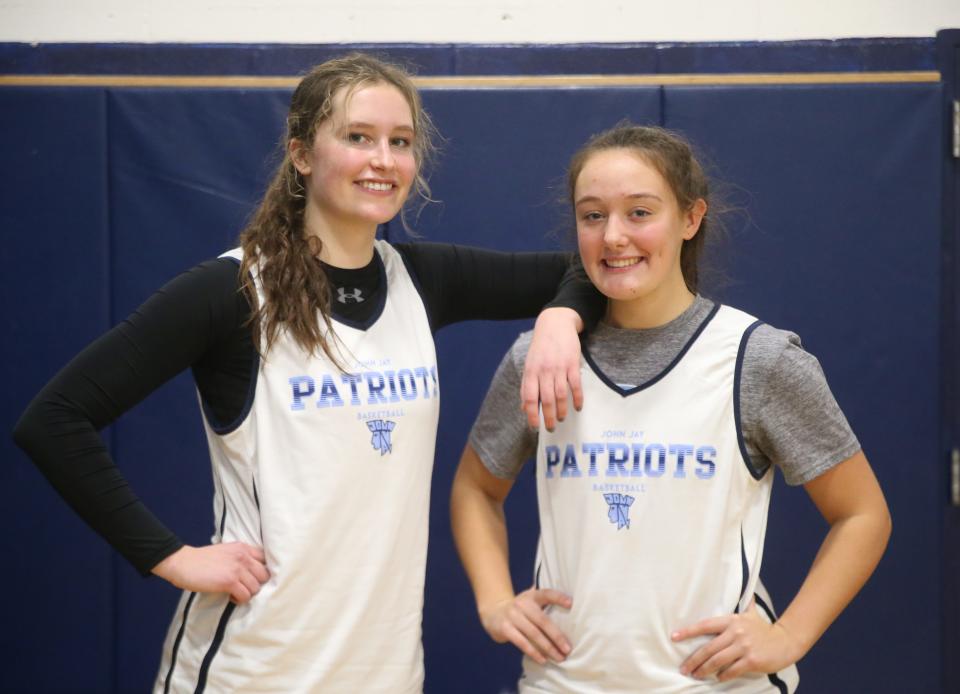 John Jay basketball players, from left, Gabby Sweeny and Grace Kennedy after a scrimmage versus Red Hook on November 30, 2023.