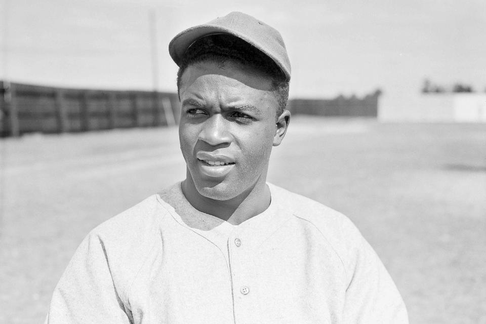 FILE - This March 4, 1946, file photo shows Jackie Robinson of the Montreal Royals baseball team, in Sanford, Fla. Already at the forefront on the 75th anniversary of breaking baseball’s color barrier, Jackie Robinson’s life, legacy and impact is honored as part of the 2022 baseball All-Star Game in Los Angeles. (AP Photo/Bill Chaplis, File)