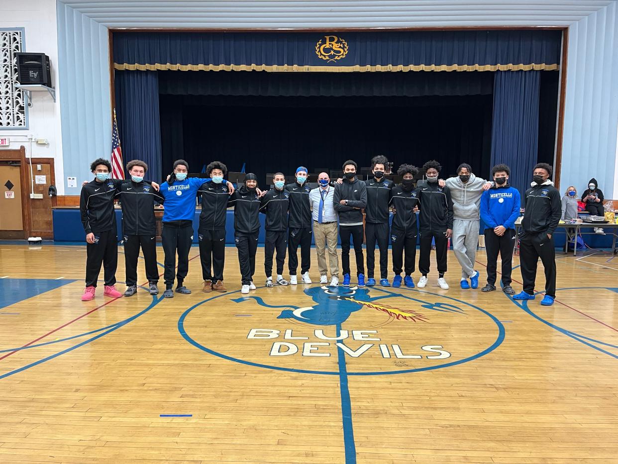 The Monticello boys basketball team poses together during the first annual Fred Ahart Foundation Games in Roscoe on Jan. 15. (Photo provided by: Christine Russo).