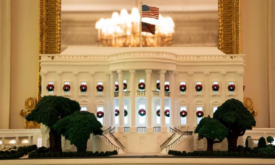 A White House gingerbread house is displayed in the State Dining Room of the White House on November 30, 2020 in Washington, DC.