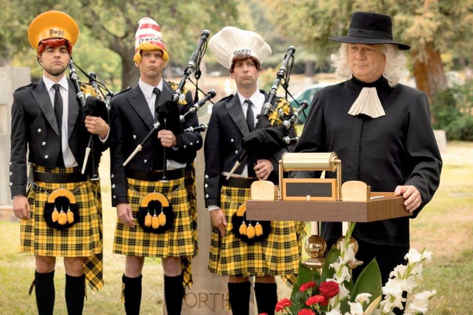 (L to R) Drew Tarver as Pop, Mikey Day as Crackle, Kyle Mooney as Snap and Andy Daly as Isaiah Lamb in Netflix's "Unfrosted."