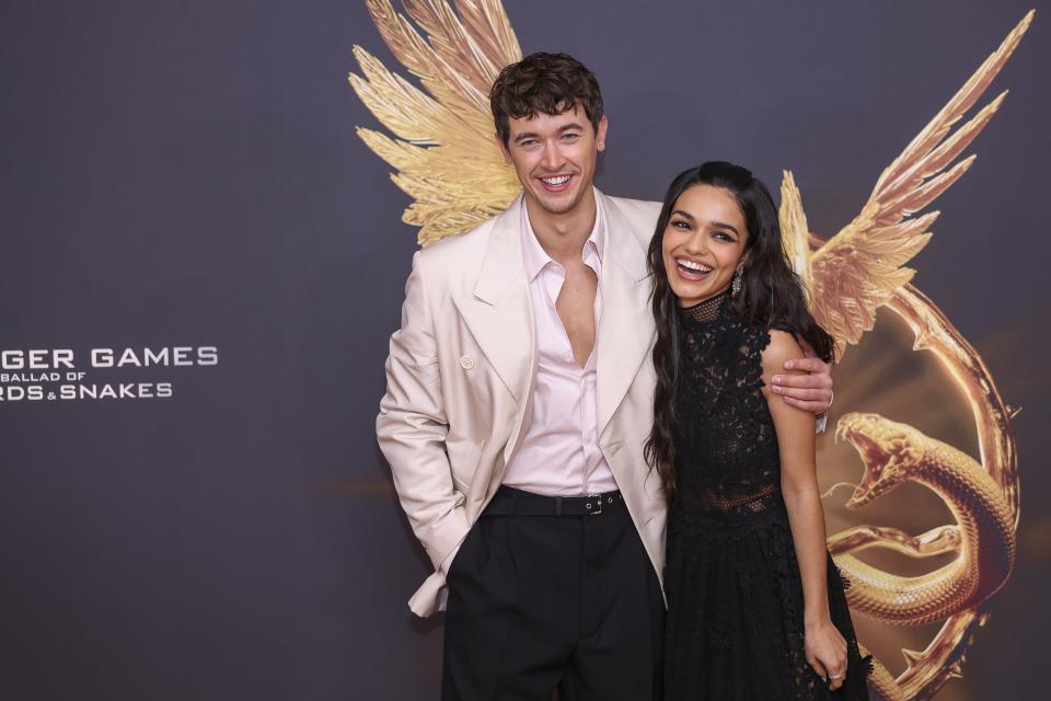 Tom Blyth, and Rachel Zegler pose for photographers upon arrival at the World premiere of the film 'The Hunger Games: The Ballad of Songbirds and Snakes' on Thursday, Nov. 9, 2023 in London. (Vianney Le Caer/Invision/AP)