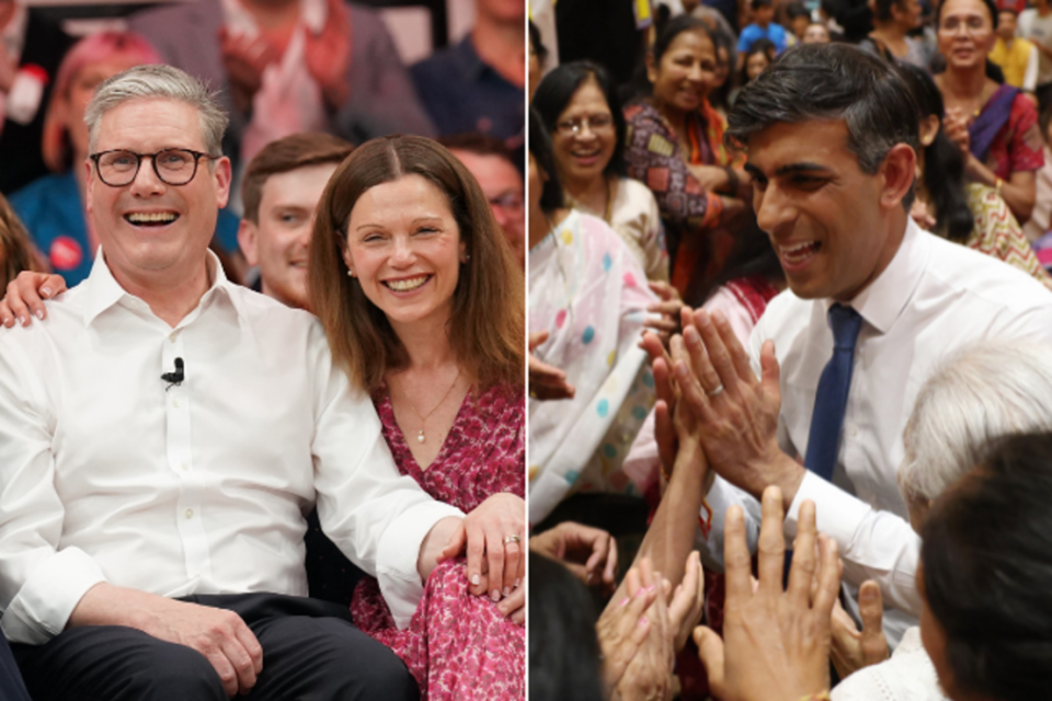 From left: Keir Starmer with his wife Victoria, and Rishi Sunak, with crowds at the BAPS Shri Swaminarayan Mandir. Photos: PA