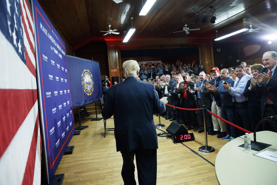 FILE -In this Oct. 6, 2016, file photo, then-Republican presidential candidate Donald Trump arrives for a town hall in Sandown, N.H. An effort to put the New Hampshire Republican Party in President Donald Trump’s corner ahead of the state’s leadoff presidential primary is facing both private and public pushback.(AP Photo/ Evan Vucci, file)