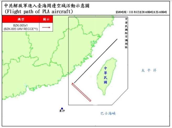 國防部今25日表示，自24日6時自25日6時止，偵獲共機8架次(其中進入西南空域1架次)、共艦3艘次，持續在臺海周邊活動。(國防部提供)