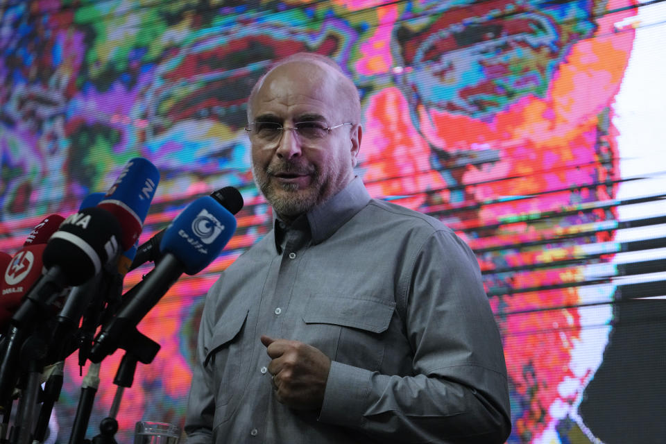 Mohammad Bagher Qalibaf, the most prominent candidate for the June 28, presidential election, who is Iran's parliament speaker, speaks during his campaign rally in Tehran, Iran, Tuesday, June 18, 2024. (AP Photo/Vahid Salemi)