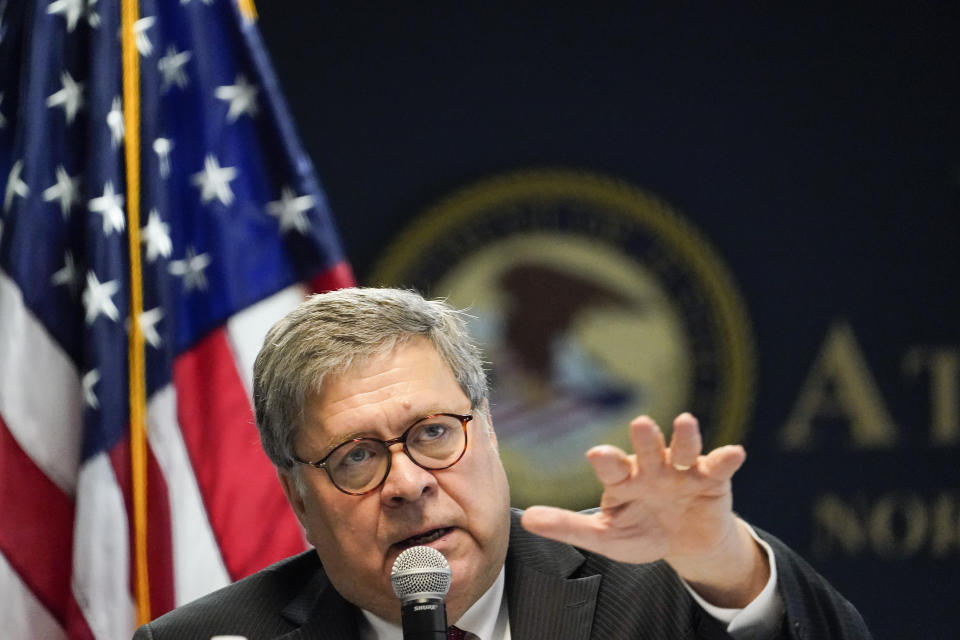 U.S. Attorney General William Barr speaks with federal officials during a panel discussion on combatting human trafficking at the U.S. Attorney's Office on Monday, Sept. 21, 2020, in Atlanta. (AP Photo/Brynn Anderson)