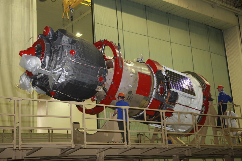 In this photo taken on Sunday, July 28, 2019, and distributed by Roscosmos Space Agency Press Service, a Soyuz MS-14 capsule preparing to be launched Thursday Aug. 22, 2019, by a new Soyuz 2.1a rocket from the launch pad at Russia‚ at Russia's space facility in Baikonur, Kazakhstan. A Russian space capsule carrying a humanoid robot has failed to dock as planned with the International Space Station. A statement from the Russian space agency Roscosmos said the failure to dock on Saturday was because of problems in the docking system. (Roscosmos Space Agency Press Service photo via AP)