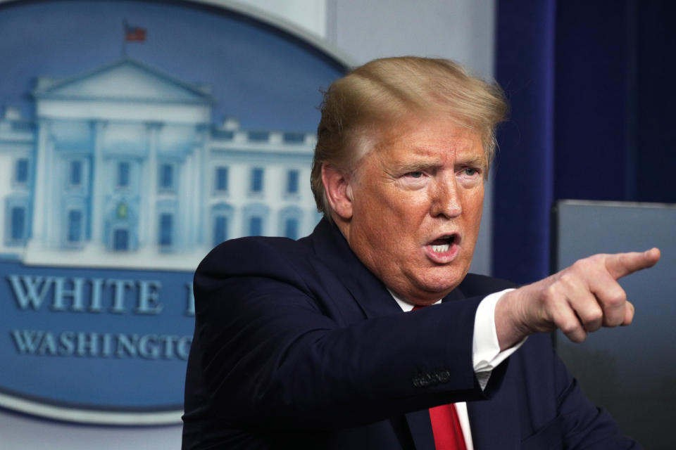 WASHINGTON, DC - APRIL 20: U.S. President Donald Trump speaks at  the daily coronavirus briefing at the White House April 20, 2020 in Washington, DC. Oil prices fell below zero today due to a collapse in energy demand and near full capacity of storage tanks in the U.S., brought on by the COVID-19 pandemic lockdown. (Photo by Alex Wong/Getty Images)