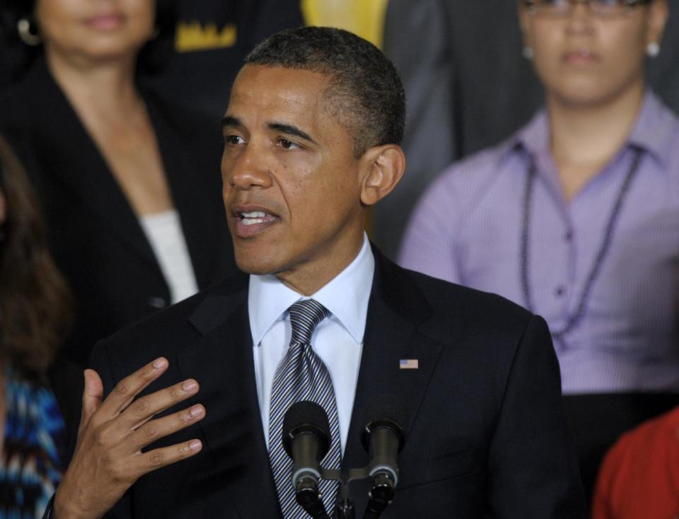 President Barack Obama speaks in the East Room of the White House in Washington, Monday, July 9, 2012. Facing sagging jobs numbers, President Barack Obama seeks to recast the election as a debate over tax fairness, calling for a temporary tax cut extension but just for low and middle income earners. The president’s pitch is aimed at painting Mitt Romney as a protector of the rich while ramping up questions about the Republican challenger’s own wealth. (AP Photo/Susan Walsh)