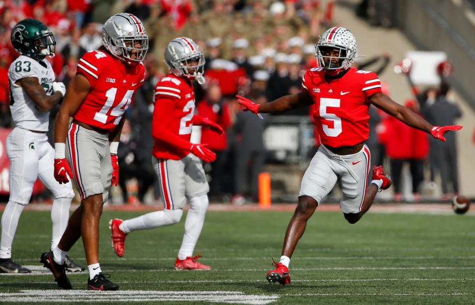 Ohio State Buckeyes football cornerback Marcus Williamson (#5) celebrates after an incomplete pass on Nov. 20, 2021, during the first quarter of a game between the Buckeys and the Michigan State Spartans at Ohio Stadium.