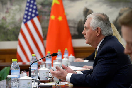 U.S. Secretary of State Rex Tillerson speaks during a bilateral meeting with Chinese Foreign Minister Wang Yi (not shown) at the Diaoyutai State Guesthouse in Beijing, China, Saturday, March 18, 2017. REUTERS/Mark Schiefelbein/Pool