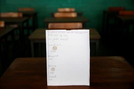 A drawing made during a lesson at a school shows what a student ate during the course of a day in Caracas, Venezuela July 14, 2016. The student wrote, "Ate nothing for breakfast; had corn cake for lunch and had nothing for dinner." Picture taken July 14, 2016. REUTERS/Carlos Jasso