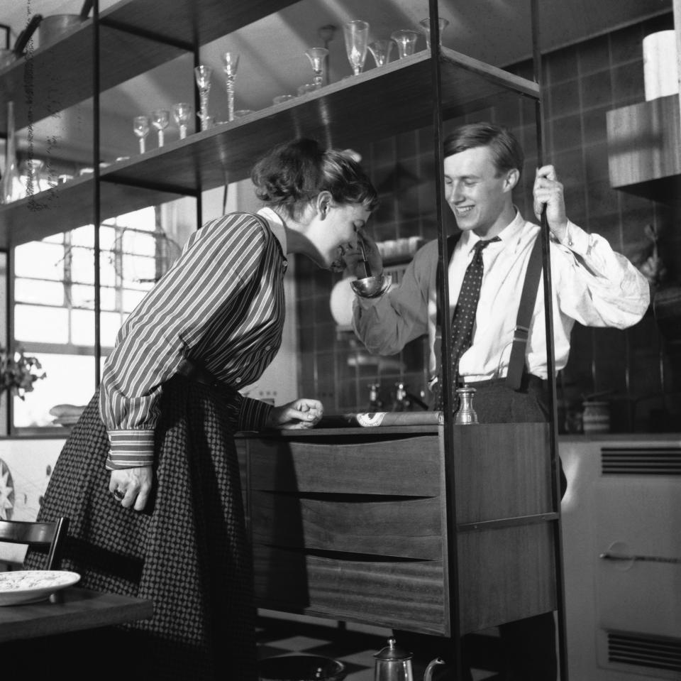 The English designer and businessman, Sir Terence Conran, with his first wife Shirley, the fashion editor and author, 1955. (Photo by © Hulton-Deutsch Collection/CORBIS/Corbis via Getty Images)