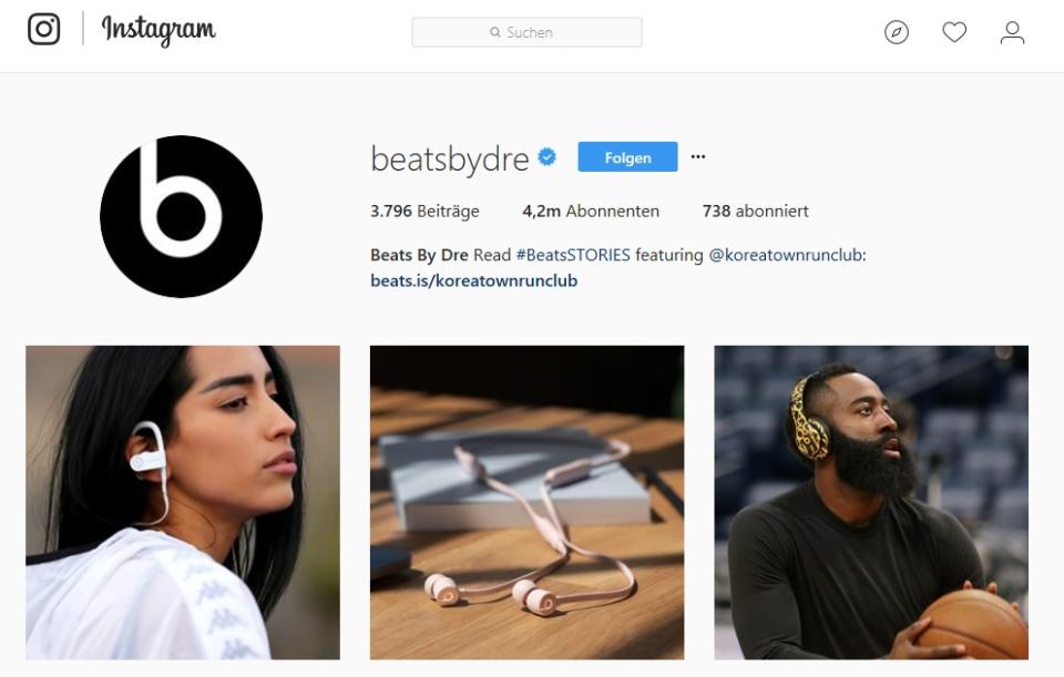 <p>Die beliebten Kopfhörer von Dr. Dre haben in den vergangenen Jahren den Markt erobert. Auch die Instagram-Präsenz kann punkten: Immerhin 4,2 Millionen User wollen sehen, wie die neuesten Kopfhörermodelle aussehen. </p>