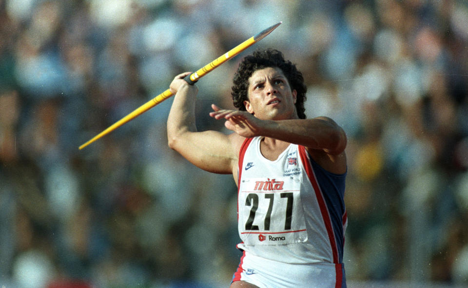 Britain's Fatima Whitbread gets ready to throw the Javelin in the finals at the World Athletics Championships in Rome September 6, 1987. She won the gold with a throw of 76.64 meters. SCANNED FROM NEGATIVE REUTERS/Charles Platiau  MEF/PN/CMC