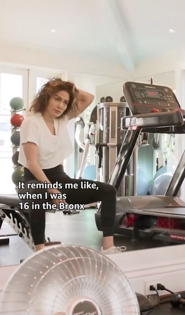 In the film, J.Lo can be seen taking her hair down while in the gym and reminiscing over how it reminds her of her youth. TikTok/@primevideo