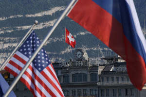 Russian, American, Swiss flags ahead of Biden-Putin meeting.