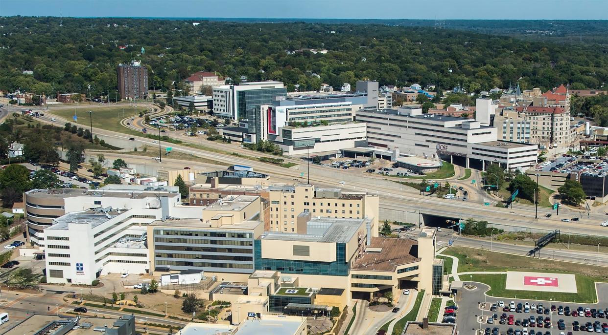 An aerial view of Carle Methodist and OSF HealthCare St. Francis Medical Center campuses in Downtown Peoria.