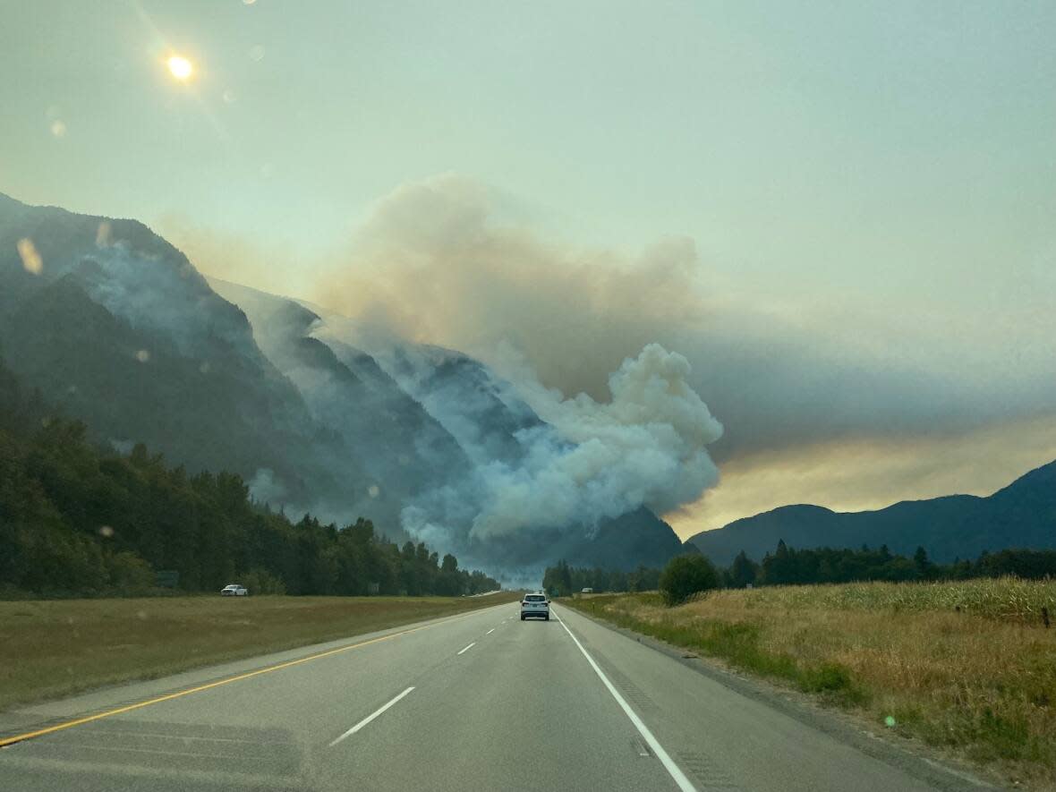 The Flood Falls wildfire near Hope as it burned in steep terrain in September 2022, making it challenging for ground crews to access. (B.C. Wildfire Service - image credit)