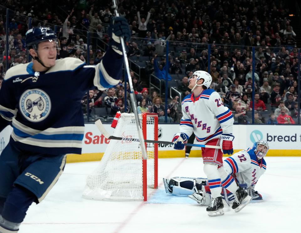 Feb. 25, 2024; Columbus, Ohio, USA; 
New York Rangers defenseman Adam Fox (23) and New York Rangers goaltender Jonathan Quick (32) react after a goal by Columbus Blue Jackets left wing Dmitri Voronkov (10) during the first period of an NHL game at Nationwide Arena on Sunday.