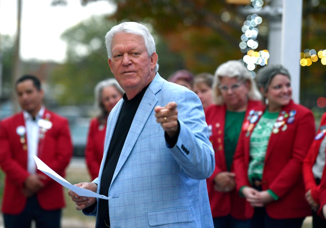 Melvin Martin, retired chief of the Abilene Police Department, gestures to others who have contributed to the Melvin Martin Center for Children's Safety during a ceremony at the educational facility Tuesday.