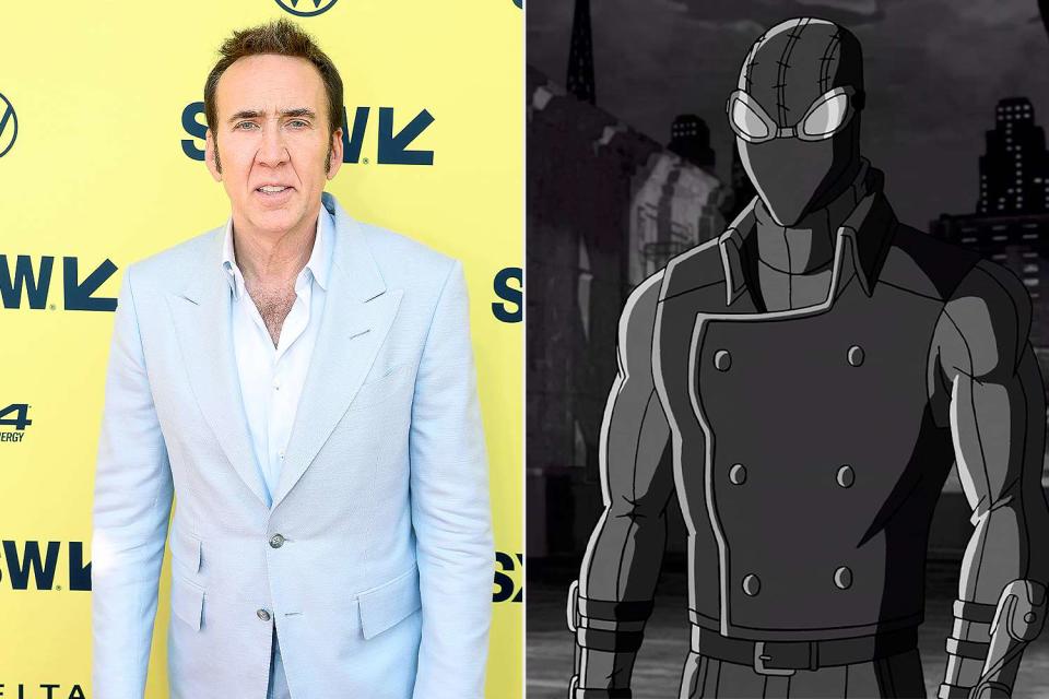 <p>Gary Miller/Getty; Disney XD via Getty </p> Nicolas Cage and Spider-Man from the Noir Universe from 