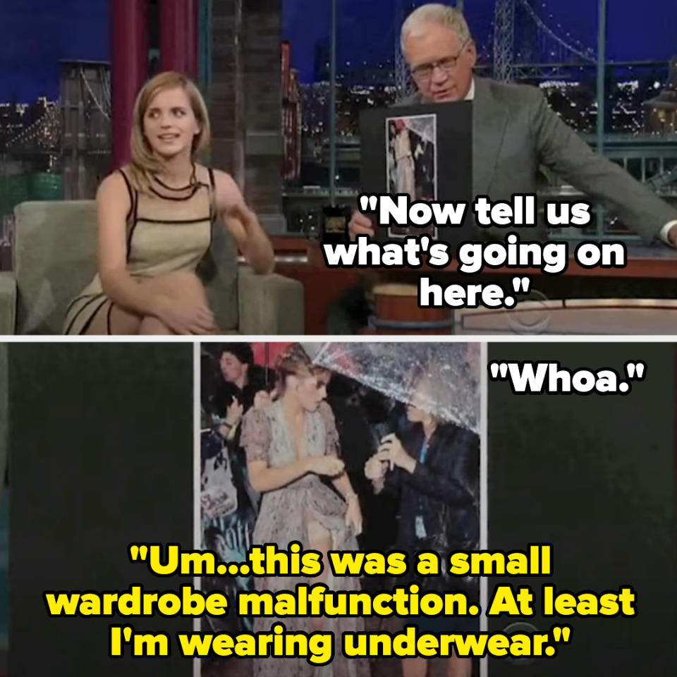 Person on a talk show with host, bottom image shows wardrobe mishap with a caption summarizing the incident