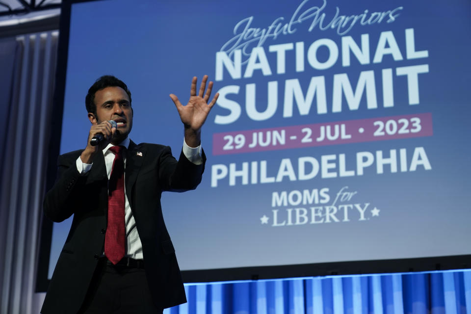 Republican presidential candidate and businessman Vivek Ramaswamy speaks at the Moms for Liberty meeting in Philadelphia, Saturday, July 1, 2023. (AP Photo/Matt Rourke)