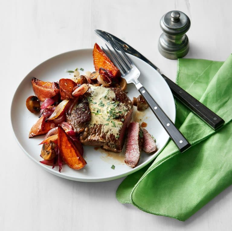 Steak with Roasted Vegetables and Mustard Pan Sauce
