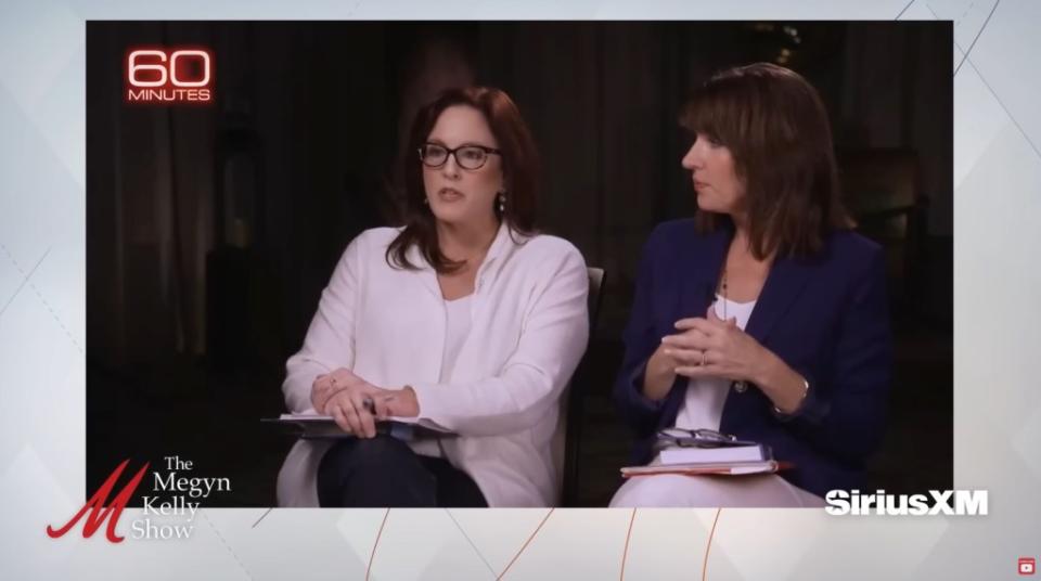 Kelly was outraged over a “60 Minutes” segment in which Pelley sharply questioned Moms for Liberty co-founders Tina Descovich (right) and Tiffany Justice (left). YouTube / Megyn Kelly