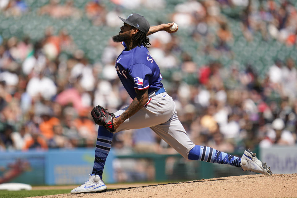 Texas Rangers pitcher Dennis Santana throws against the Detroit Tigers in the fifth inning of a baseball game in Detroit, Sunday, June 19, 2022. (AP Photo/Paul Sancya)