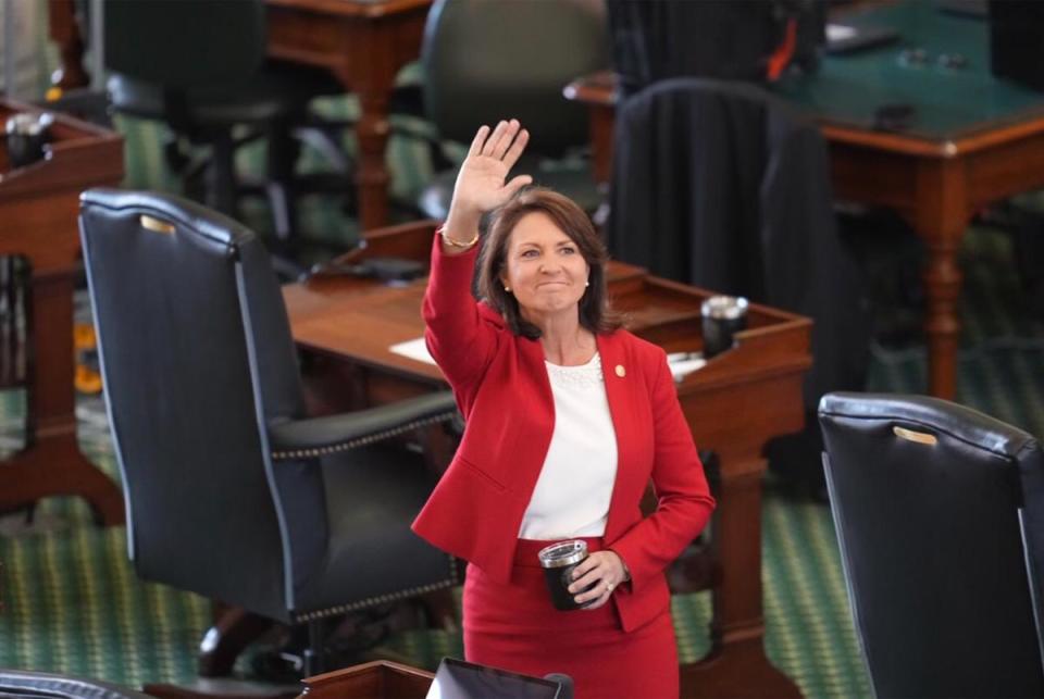 State Sen. Angela Paxton, R-McKinney, waves to the gallery from the floor of the Senate on Sept. 5, 2023.