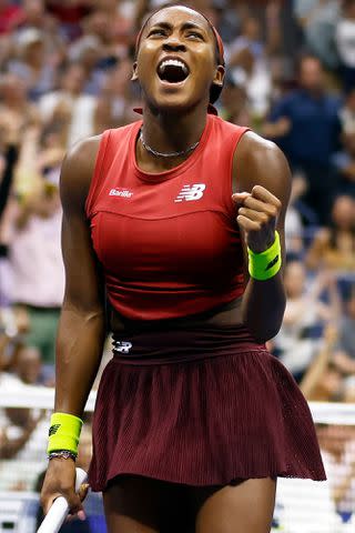 <p>Sarah Stier/Getty</p> Coco Gauff of the United States reacts after returning a shot against Aryna Sabalenka of Belarus in their Women's Singles Final match on Day Thirteen of the 2023 US Open on September 09, 2023.