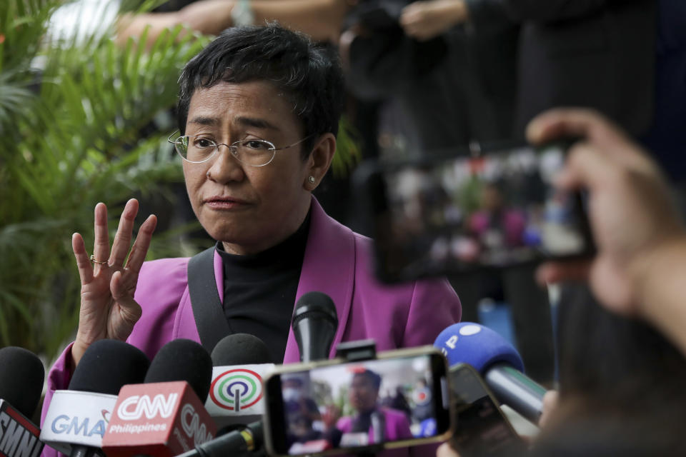 Filipino journalist Maria Ressa, one of the winners of the 2021 Nobel Peace Prize and Rappler CEO, speaks to the media after a court decision at the Court of Tax Appeals in Quezon City, Philippines Wednesday, Jan. 18, 2023. The tax court on Wednesday cleared Ressa and her online news company of tax evasion charges she said were part of a slew of legal cases used by former President Rodrigo Duterte to muzzle critical reporting. (AP Photo/Basilio Sepe)