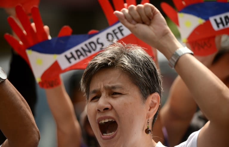 At a demonstration in June in Manila, protesters shouted slogans against China's reclamation and construction activities on islands in the South China Sea that are also claimed by the Philippines