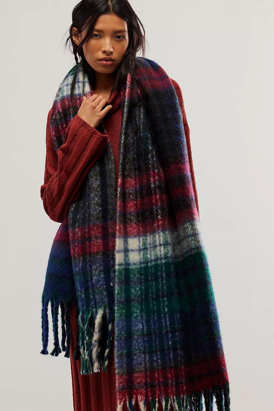 red, white and green plaid scarf