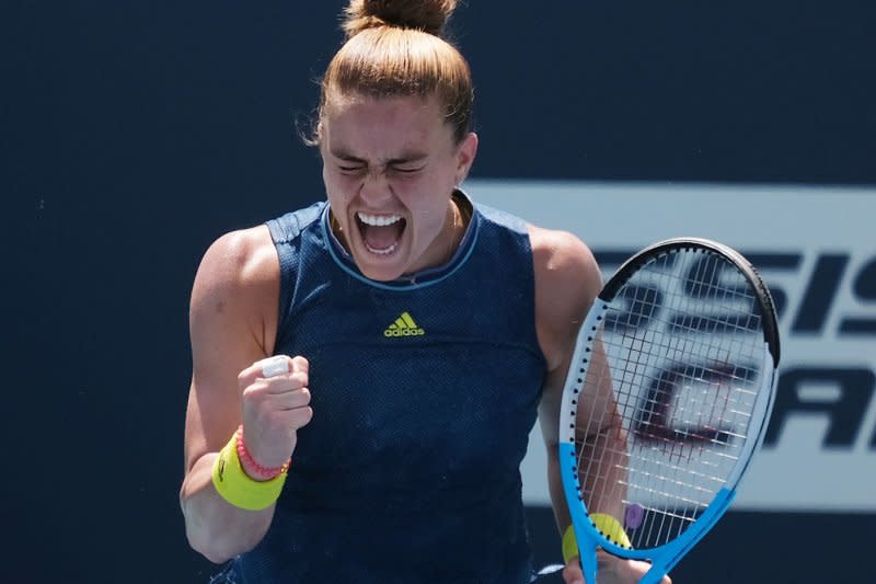 Maria Sakkari (pictured) from Greece advanced because of a walkover from Round of 16 foe Anna Kalinskaya of Russia at the 2024 Miami Open on Monday in Miami Gardens, Fla. File Photo by Gary I Rothstein/UPI