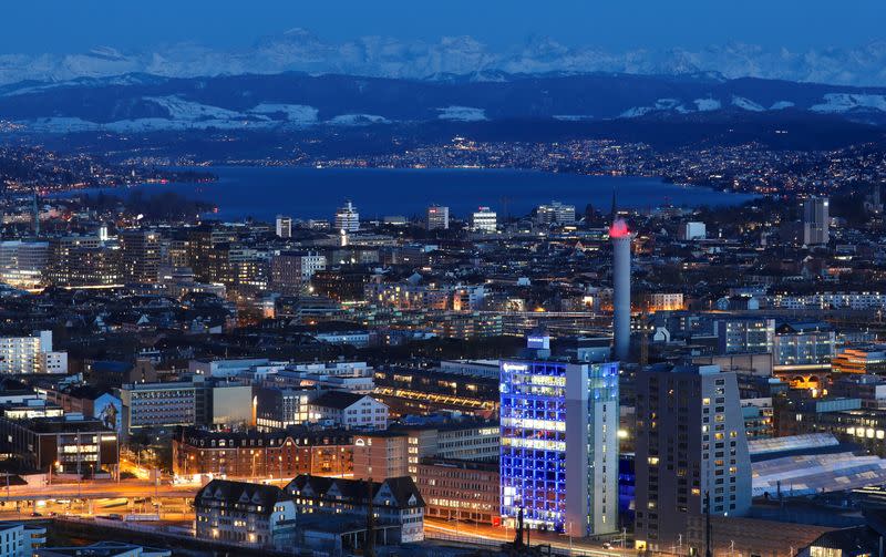 FILE PHOTO: A general view shows the eastern swiss Alps, Lake Zurich and the city of Zurich