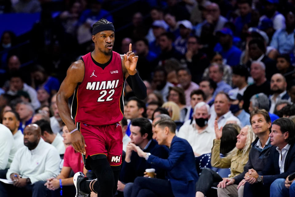 Miami Heat's Jimmy Butler gestures as he runs down the court during the second half of Game 6 of an NBA basketball second-round playoff series against the Philadelphia 76ers, Thursday, May 12, 2022, in Philadelphia. (AP Photo/Matt Slocum)