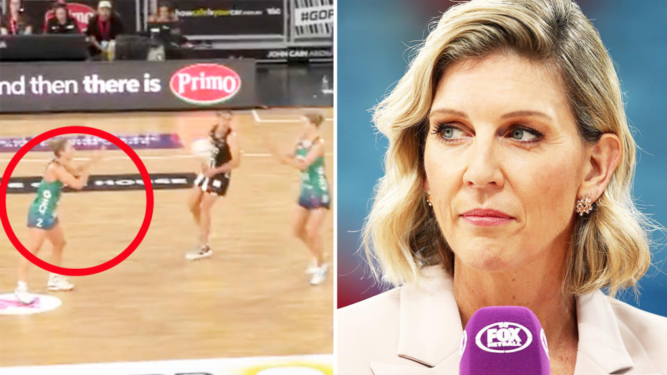 Cath Cox, pictured here during a Super Netball game.