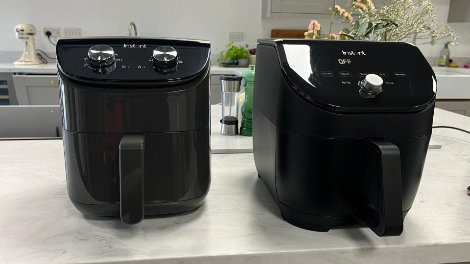 Instant Essentials 4 Quart Air Fryer next to the Instant Vortex Slim Air Fryer