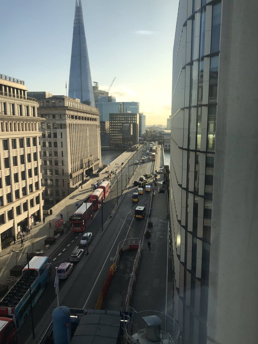 Images showed the usually busy bridge at a complete standstill, with a heavy police presence (Picture: Twitter/@systol)