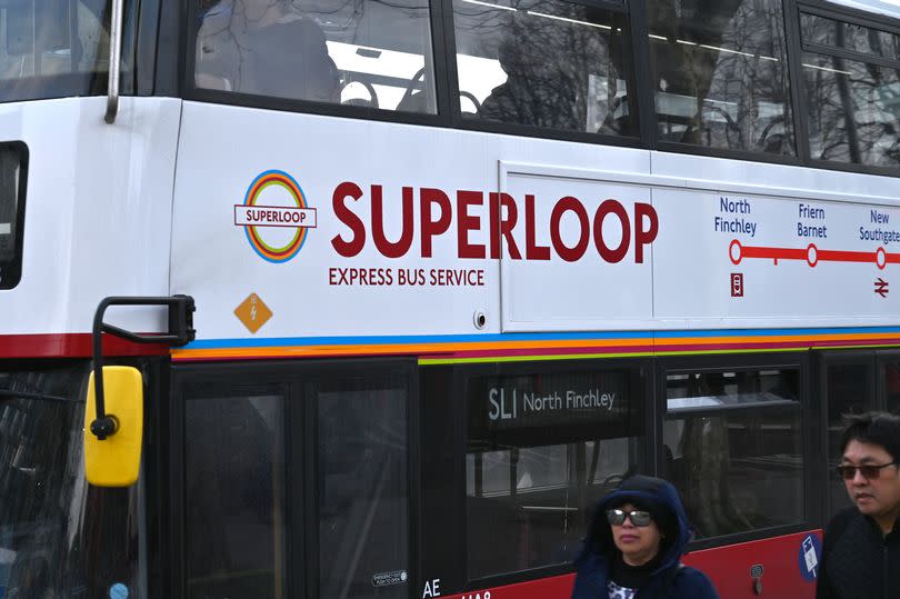 A general view of a double decker bus advertising the Superloop Express Bus Service route at Walthamstow Central Bus and London Underground Station on January 29, 2024