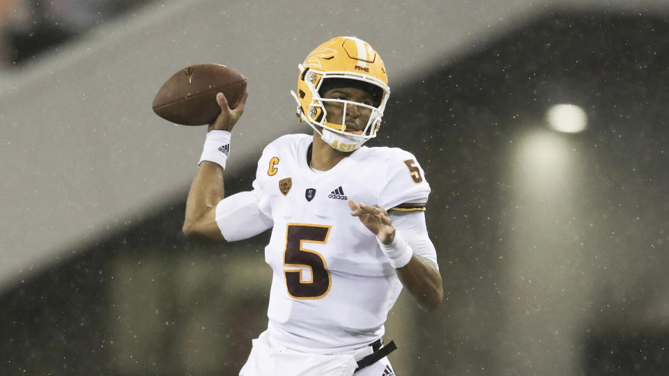 Arizona State quarterback Jayden Daniels has high-end skill the NFL will like. (AP Photo/Amanda Loman)