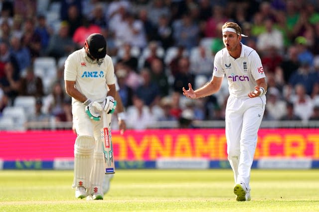 Stuart Broad reacts after the bail sails through the slip cordon 