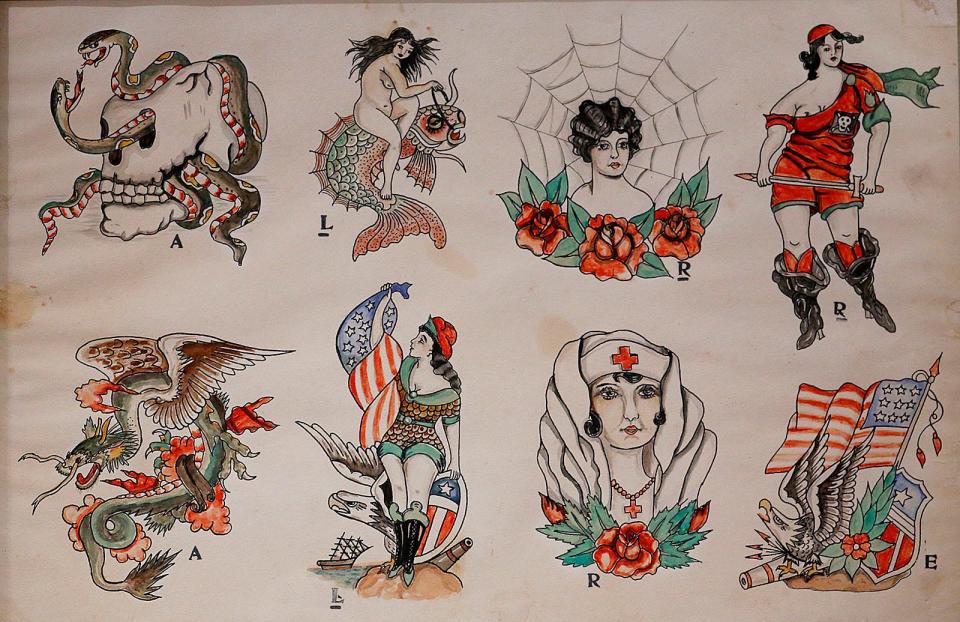 Some of early tattoo designs at the "Loud, Naked & in Three Colors: The History of Tattooing in Boston" exhibit at the Eustis Estate in Milton on Friday, June 10, 2022.